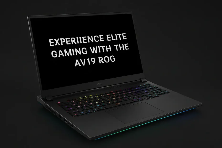 AV19 ROG gaming laptop with 4K display and RGB lighting on a dark backgro