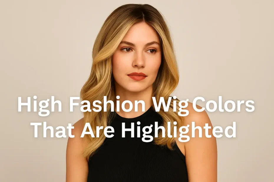 Woman wearing a trendy wig showcasing high fashion wig colors that are highlighted with blonde and honey tones.