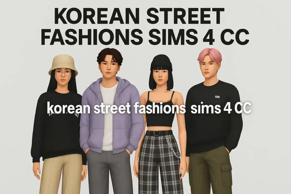 Sims wearing Korean street fashions Sims 4 CC outfits.