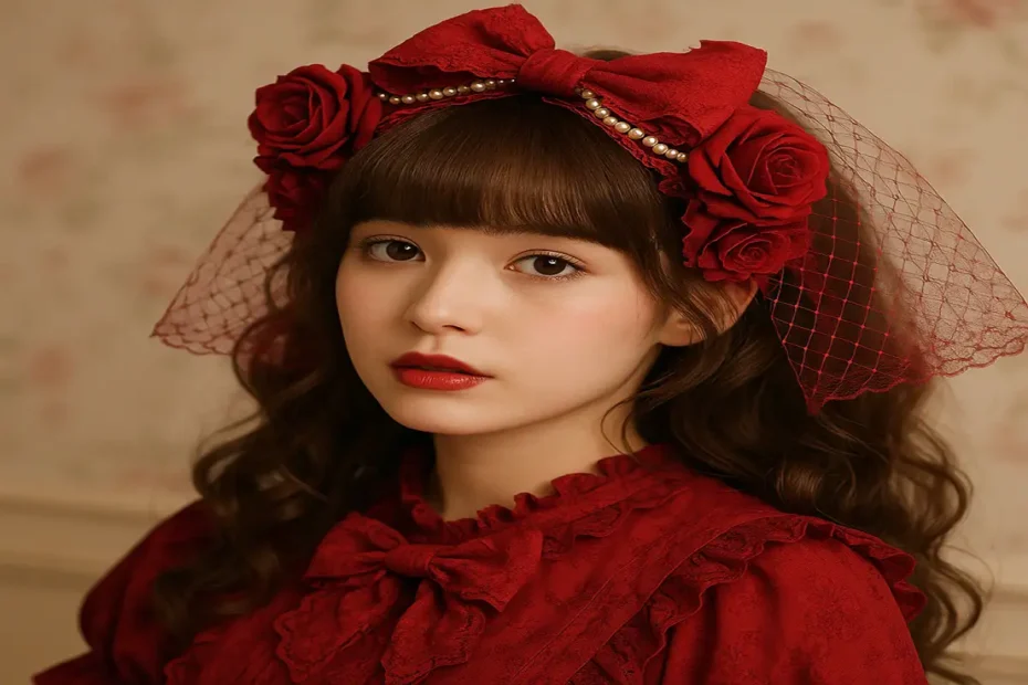 Lolita fashion headband veil red on model.