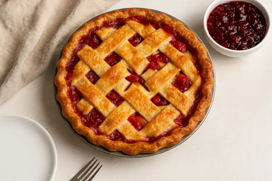 Old fashioned apple pie with cranberry sauce on a wooden table.
