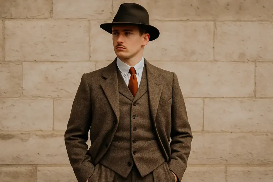 Man in vintage brown suit and fedora standing against a stone wall.