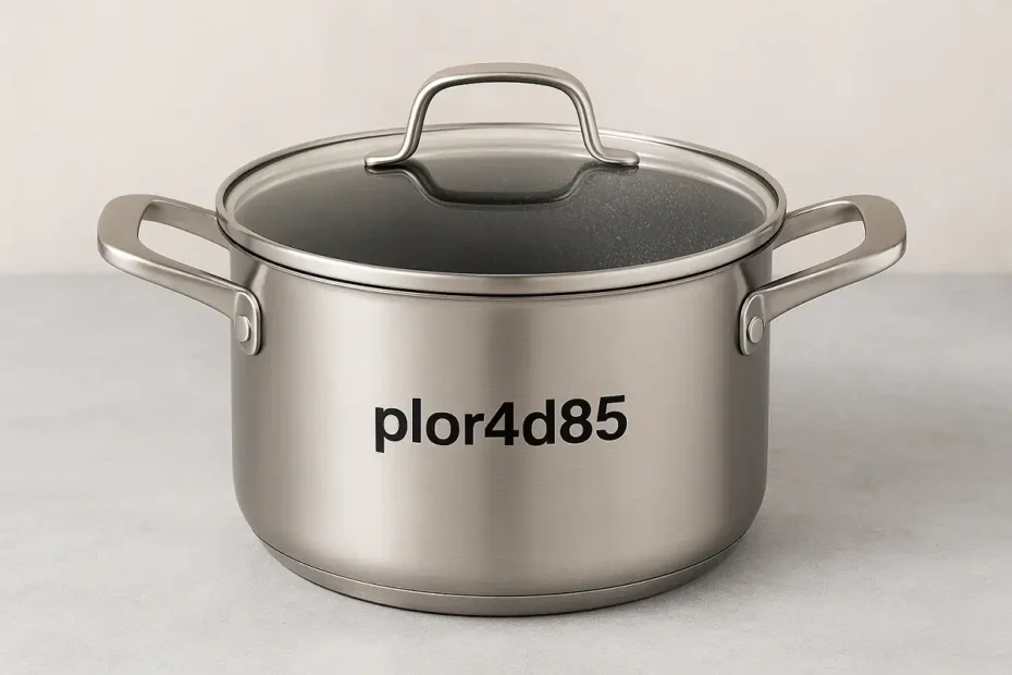 Modern plor4d85 pot with stainless steel design and glass lid on a kitchen countertop.