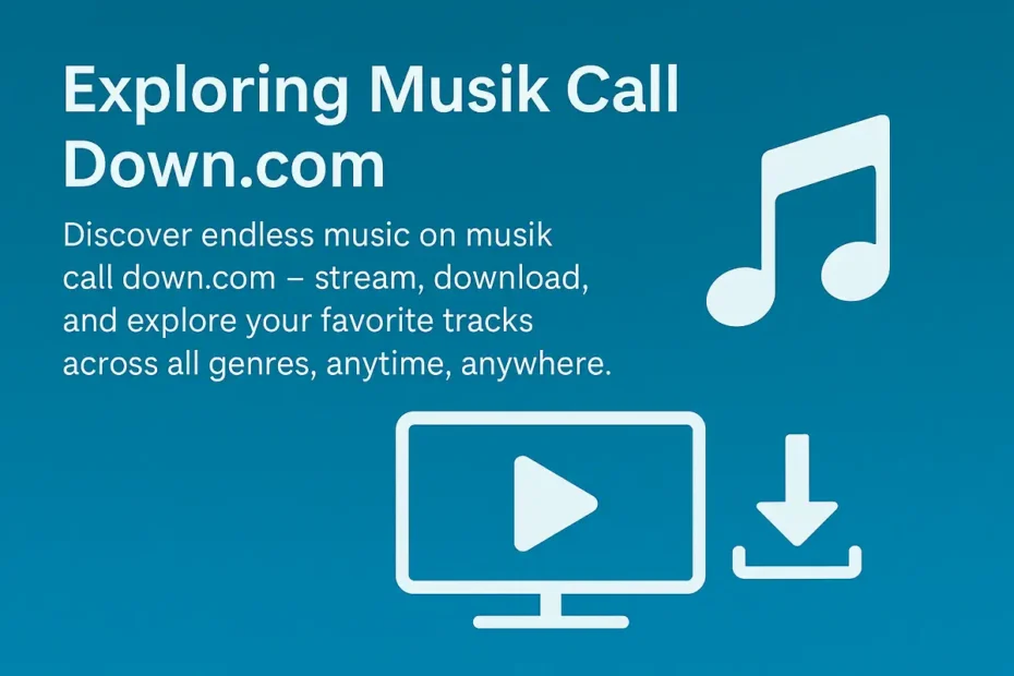 Musik Call Down.com promo with music and download icons.