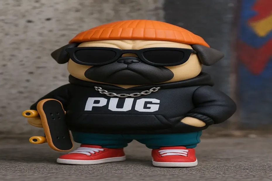 Popmart blind box street fashion pug toy in hoodie and shades.
